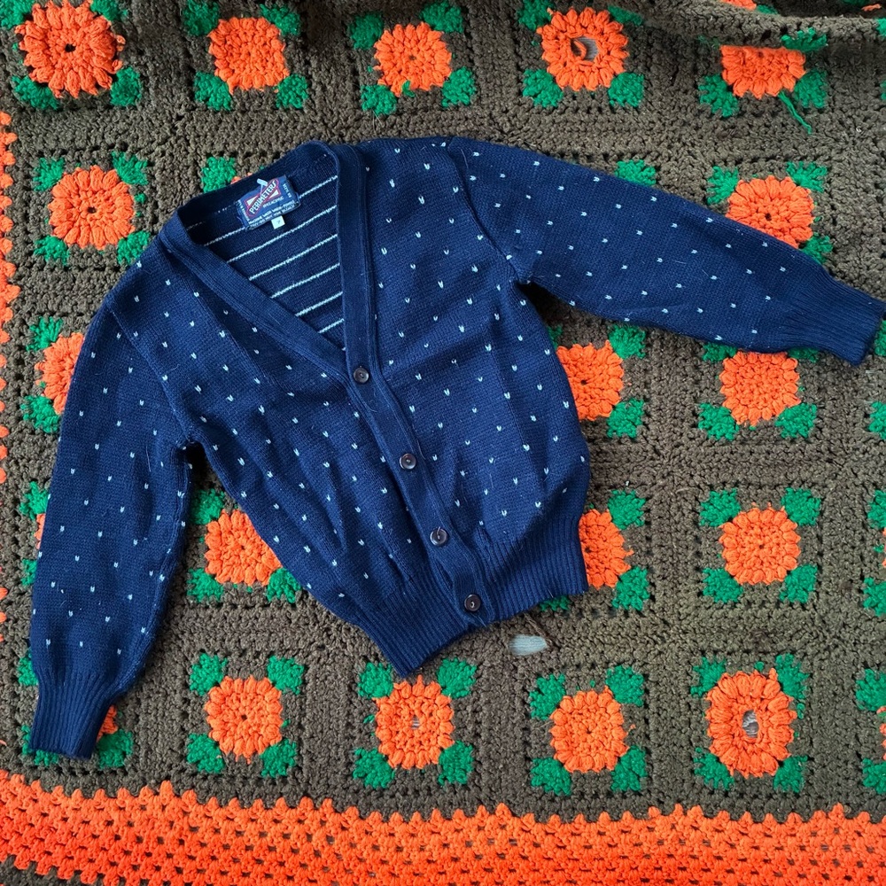 Vintage 1970s Navy Blue Boys Knit Cardigan Sweater Size 7